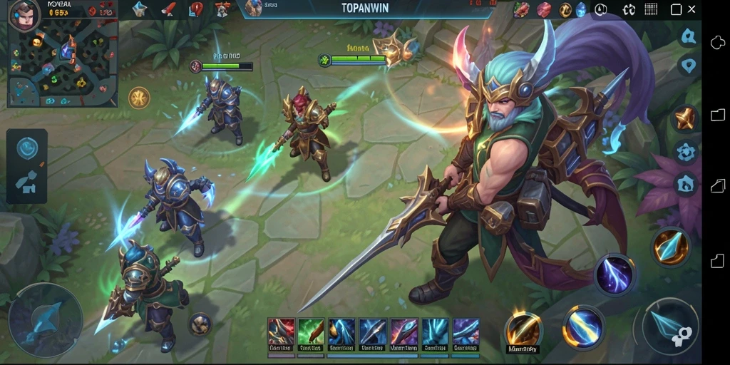 Screenshot menunjukkan pertarungan intens dalam game MOBA TOPANWIN.