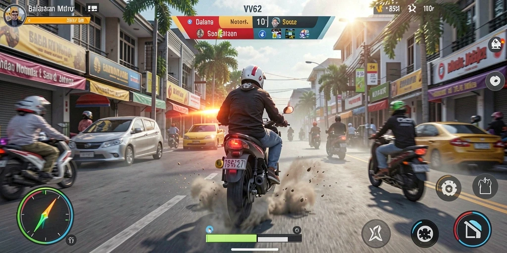 Gameplay balapan motor yang seru dan menegangkan.