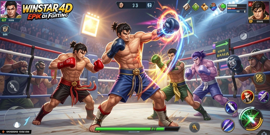 Screenshot utama WINSTAR4D menampilkan pertarungan seru antara dua karakter.